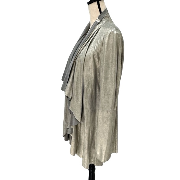 CATHERINE MALANDRINO SILVER METALLIC DRAPED NECKLINE OPEN LEATHER JACKET - NWT - Picture 9 of 13